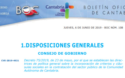 Publicado el Decreto por el que se establecen las directrices de política general sobre la incorporación de criterios y cláusulas sociales en la contratación pública de Cantabria
